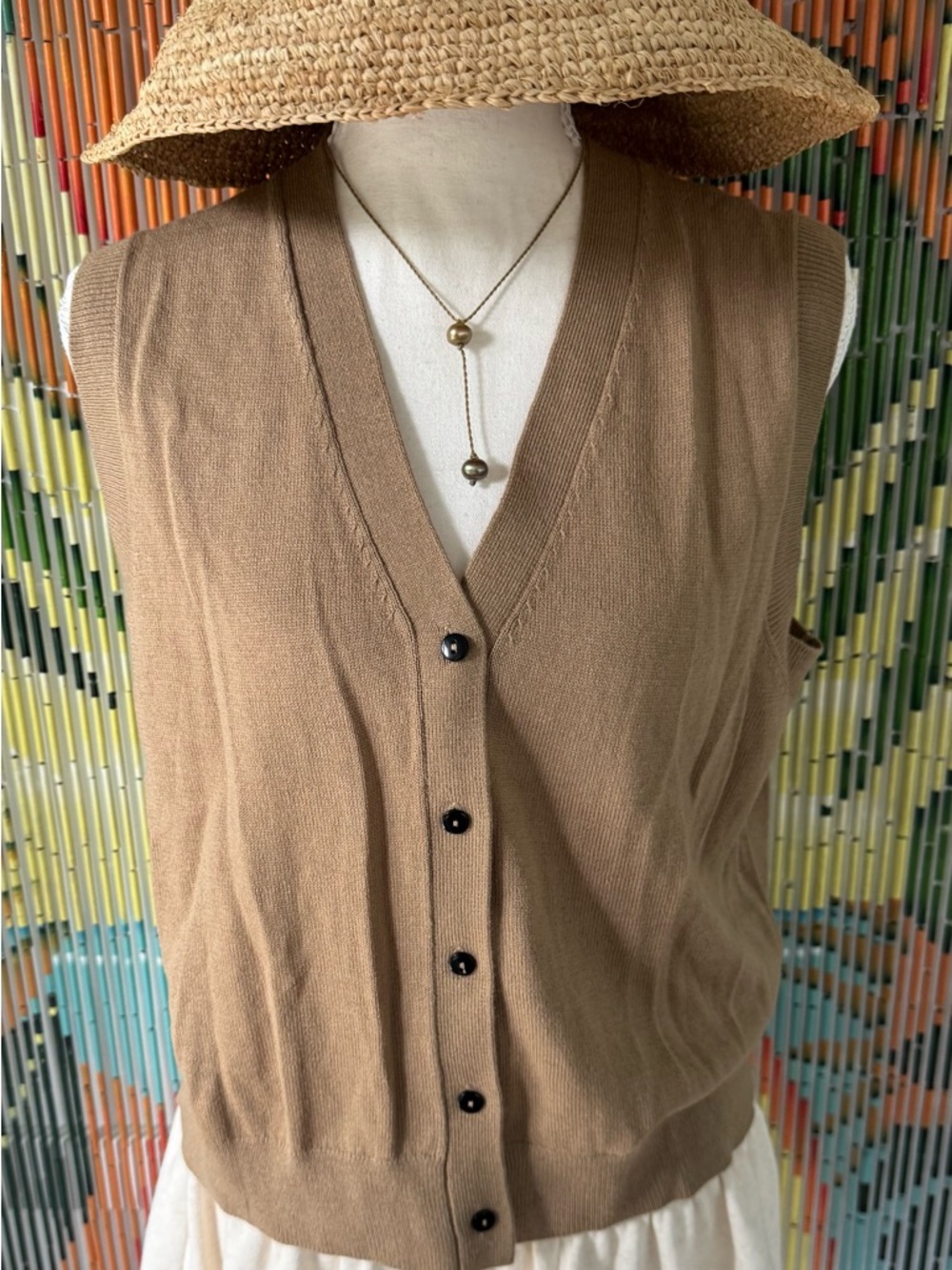 Zara Tan Knit Button Vest with Black Trim